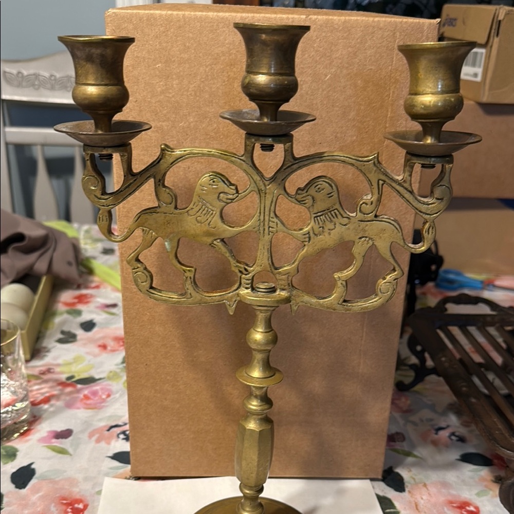Elegant Brass Candelabra with Lion Design